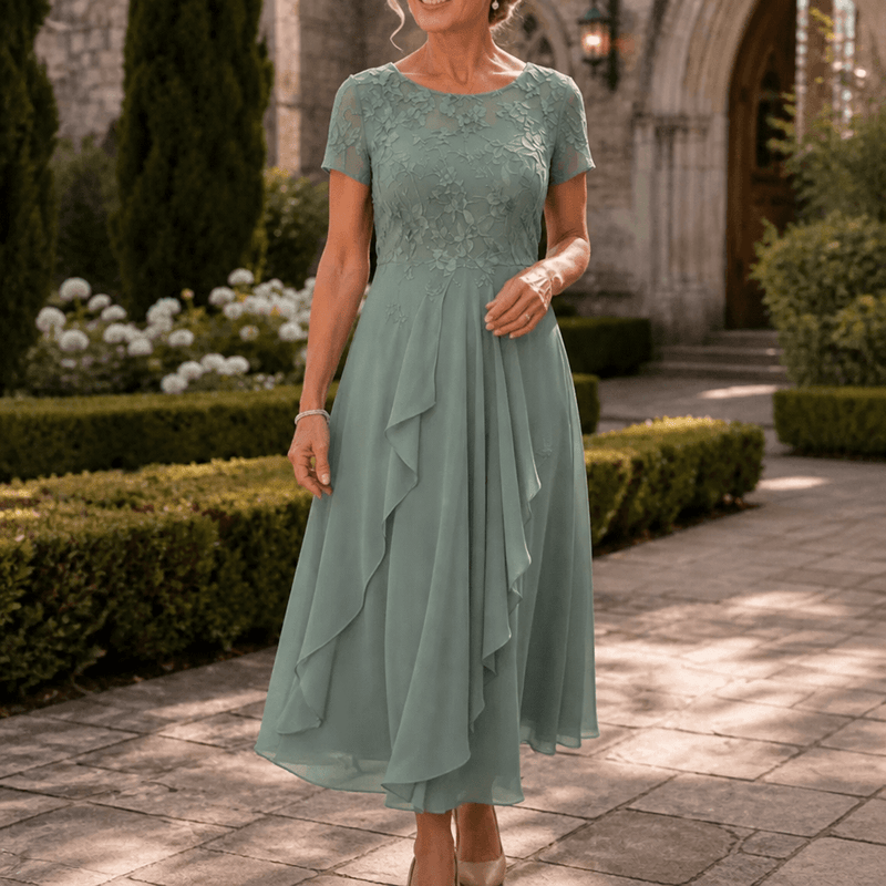 Lace Bodice Chiffon Women's Midi Dress with Ruffle Skirt