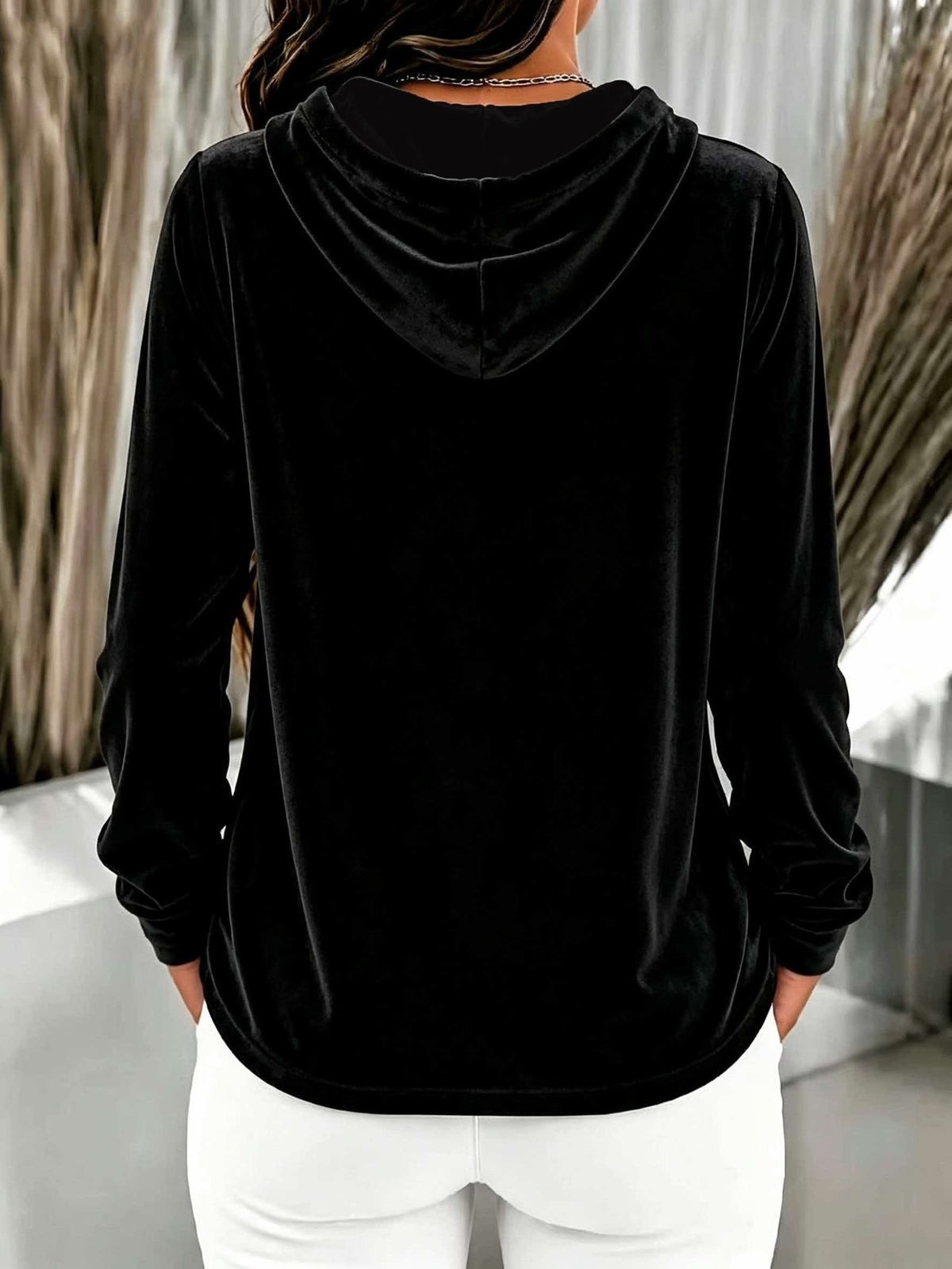 Women's Velvet Hooded Sweatshirt with Button Placket and Drawstring