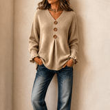 Vessa Ribbed V-Neck Button Detail Women's Knitted Jumper