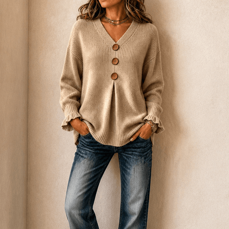 Vessa Ribbed V-Neck Button Detail Women's Knitted Jumper
