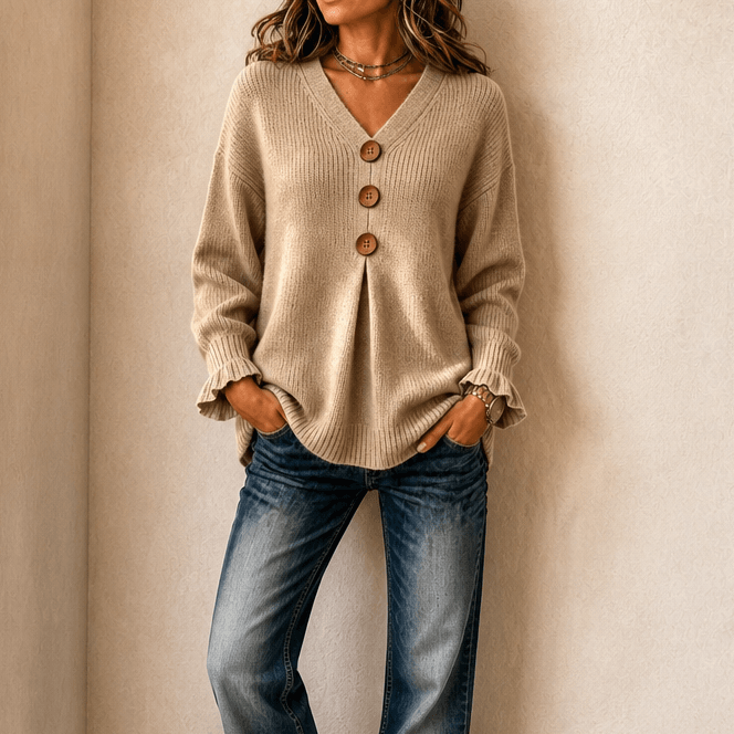 Vessa Ribbed V-Neck Button Detail Women's Knitted Jumper