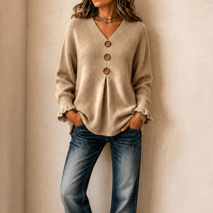 Vessa Ribbed V-Neck Button Detail Women's Knitted Jumper