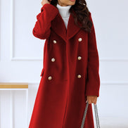 Women's Double-Breasted Long Wool-Blend Pea Coat with Notch Lapel
