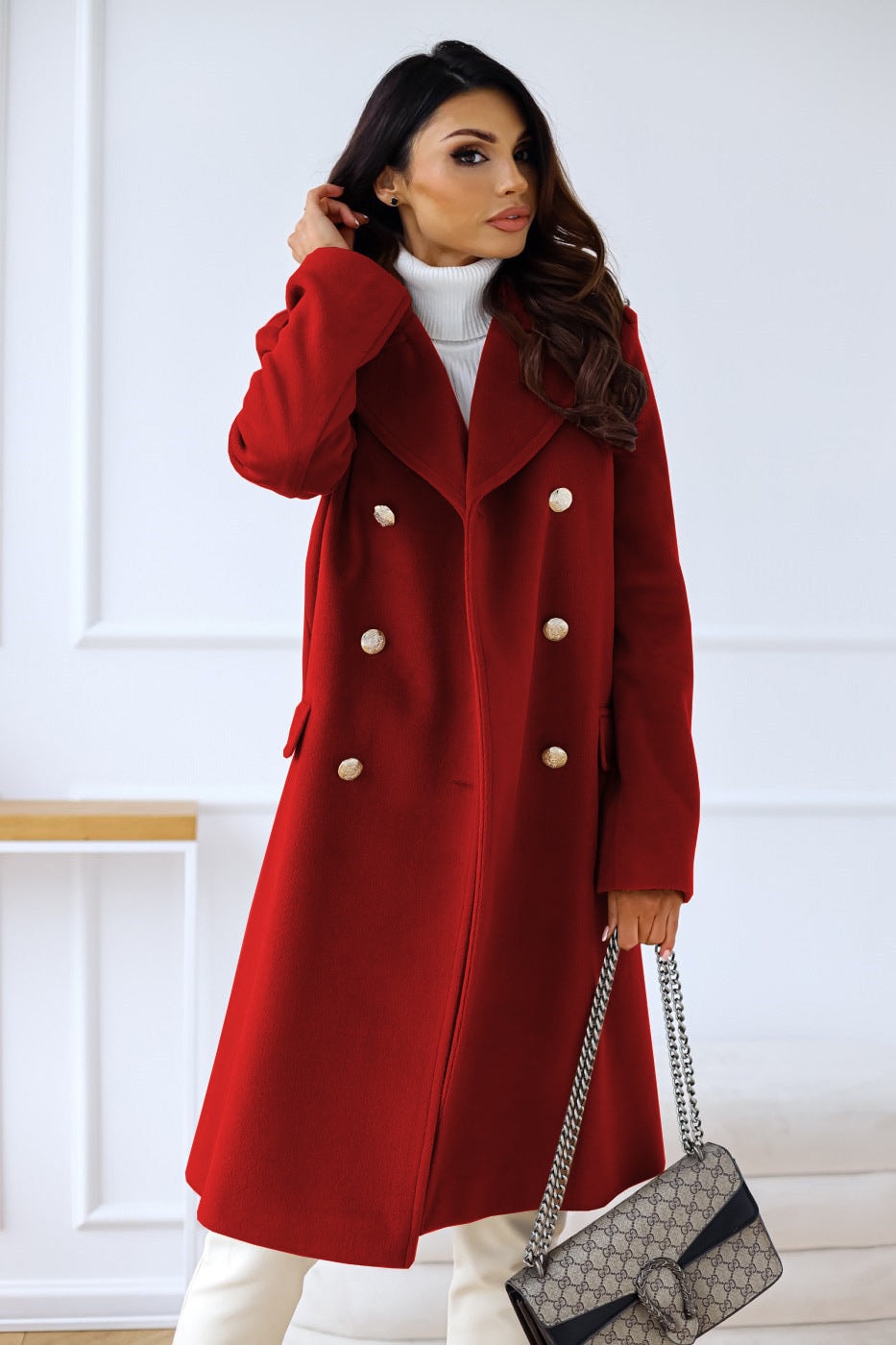 Women's Double-Breasted Long Wool-Blend Pea Coat with Notch Lapel