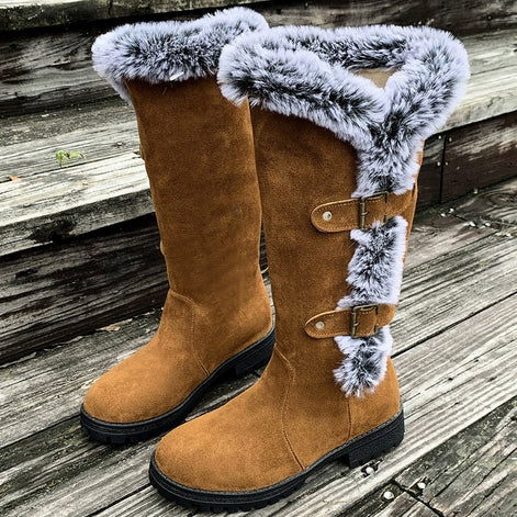 Women's Faux Suede Mid-Calf Snow Boots with Faux Fur Trim and Buckle Detail
