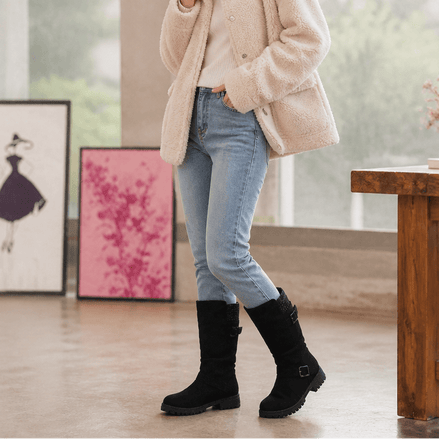 Women's Suede Winter Boots with Ribbed Cuff and Lug Sole