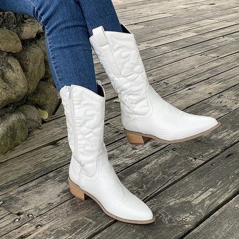Nadia Embroidered Mid-Calf Cowboy Boots with Block Heel for Women