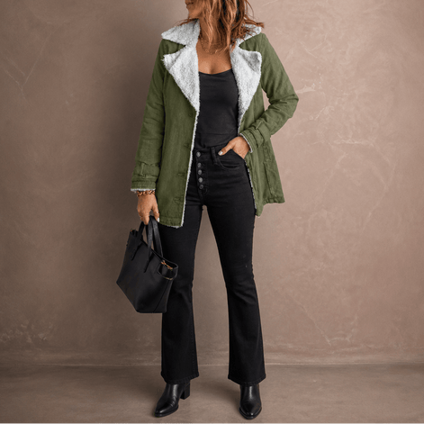 Sherpa-Lined Suede-Finish Lapel Jacket with Mid-Length Tailored Cut