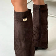 Fold-Over Pointed Toe Knee-High Suede Boots for Women in Winter