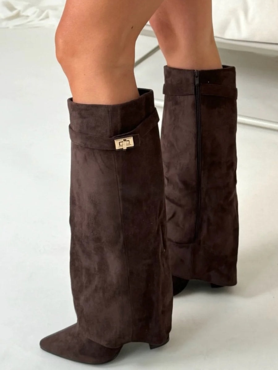 Fold-Over Pointed Toe Knee-High Suede Boots for Women in Winter