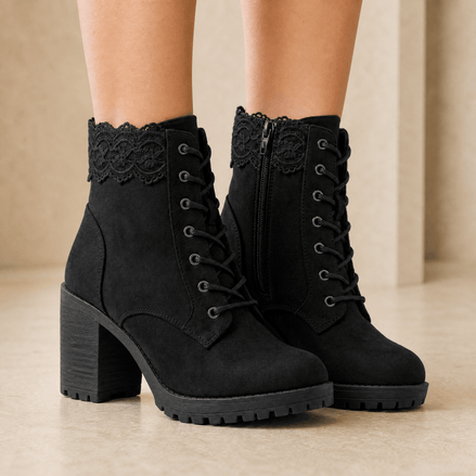 Lacelle Suede Women's Ankle Boots with Lace Trim and Chunky Block Heel