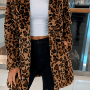 Women's Leopard Print Faux Fur Longline Coat with Open Front