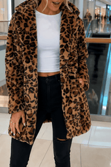Women's Leopard Print Faux Fur Longline Coat with Open Front