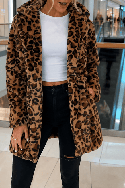 Women's Leopard Print Faux Fur Longline Coat with Open Front