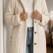 Cable-Knit Textured Hooded Longline Coat with Button Hems