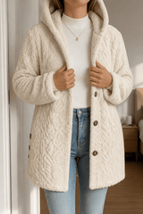 Cable-Knit Textured Hooded Longline Coat with Button Hems