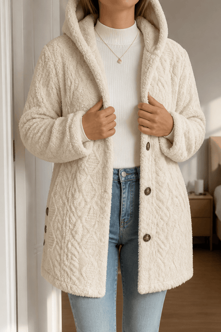 Cable-Knit Textured Hooded Longline Coat with Button Hems