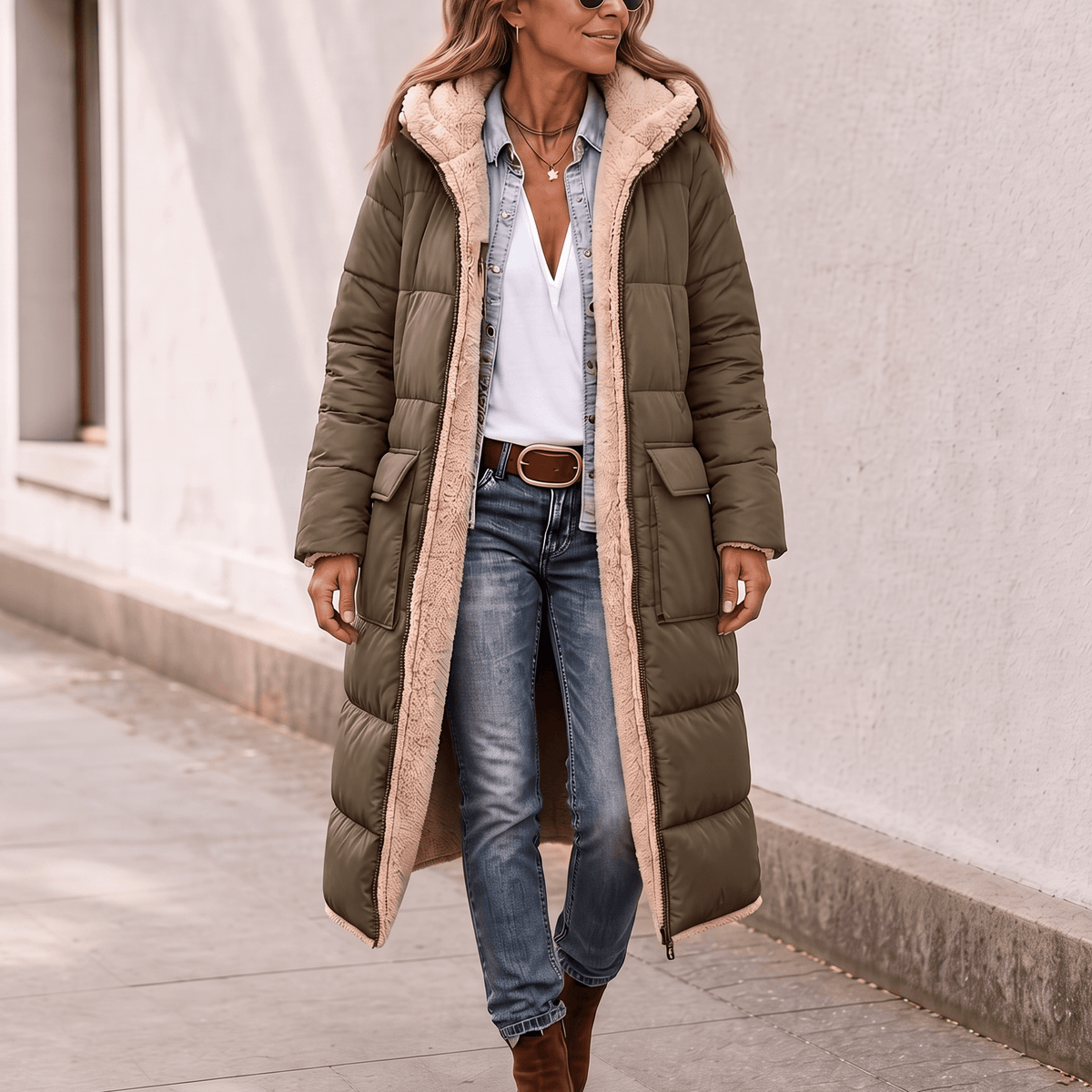 Women's Reversible Quilted Longline Winter Coat with Sherpa Trim