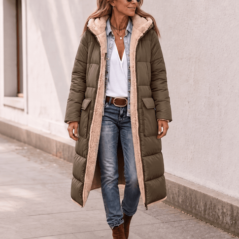 Women's Reversible Quilted Longline Winter Coat with Sherpa Trim