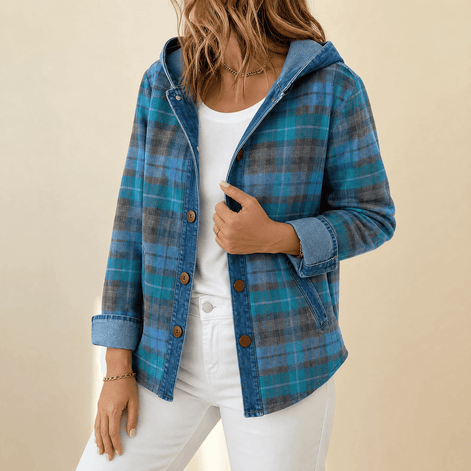 Weslyn Plaid Hooded Shacket with Denim Trim