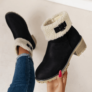 Faux Shearling Cuff Buckle Boots with Block Heel