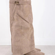Women's Suede Fold-Over Boots with Pointed Toe and Gold Buckle Detail