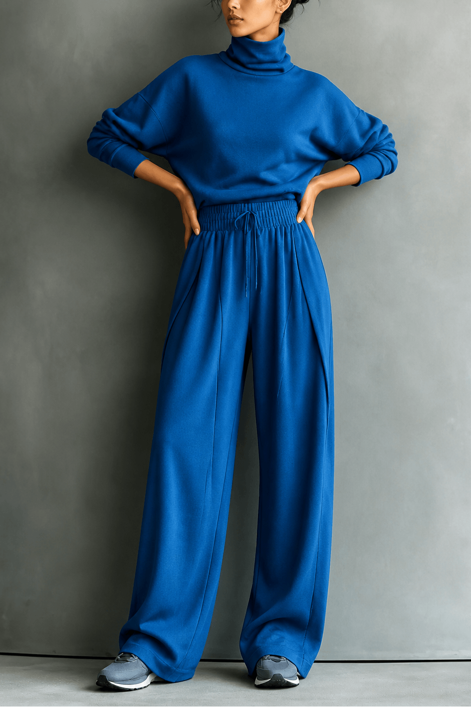 Women's Turtleneck Knitted Jumper and Wide-Leg Trousers Lounge Set