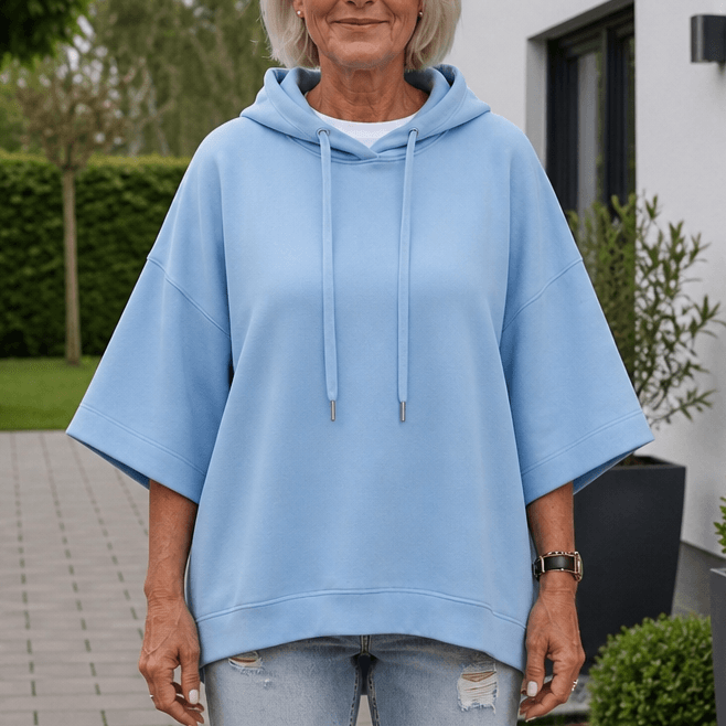 Women's Oversized Half-Sleeve Hooded Sweatshirt with Drawstring