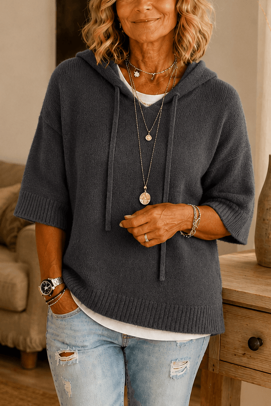Women's Hooded Knit Jumper with Drawstring and Dropped Shoulders