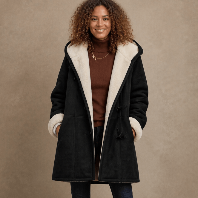 Women's Faux Shearling-Lined Hooded Duffle Coat with Hip-Length Fit