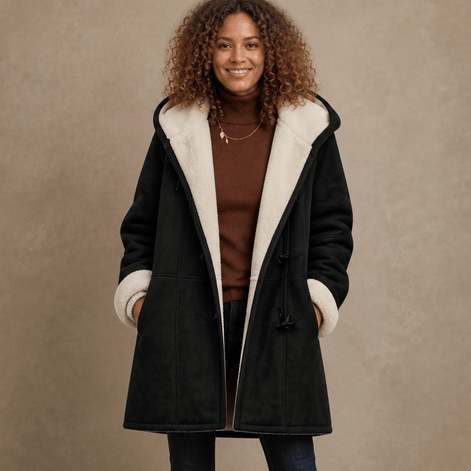 Women's Faux Shearling-Lined Hooded Duffle Coat with Hip-Length Fit