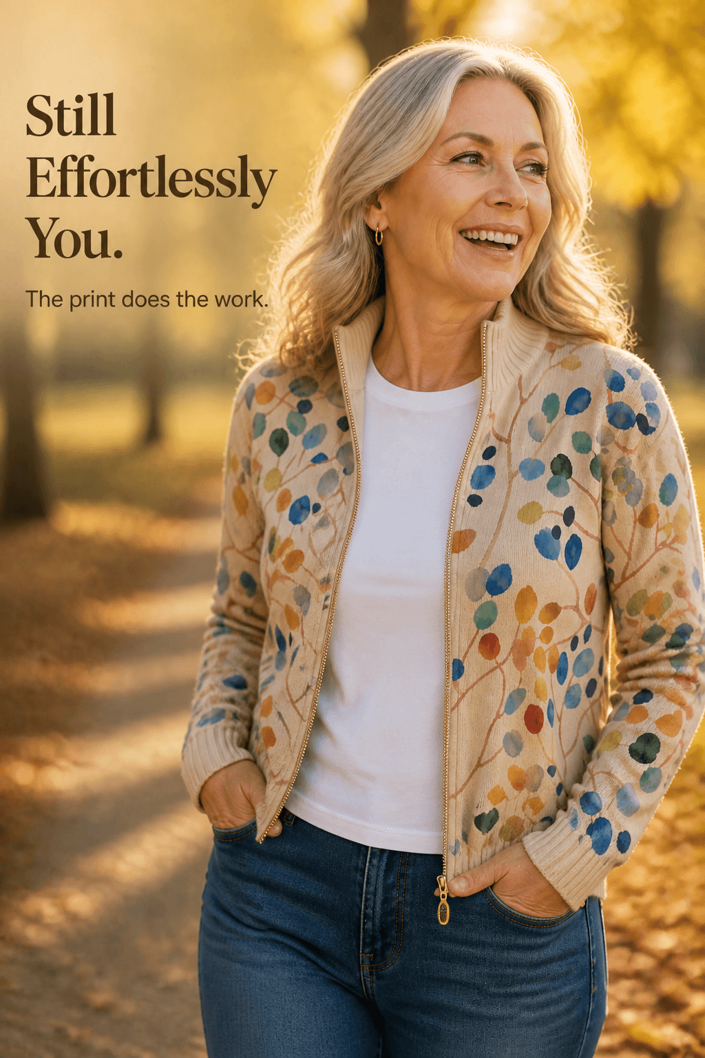 Botanical Print Zip-Up Knit Cardigan with Ribbed Trim