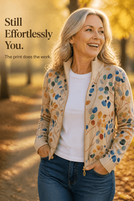 Botanical Print Zip-Up Knit Cardigan with Ribbed Trim