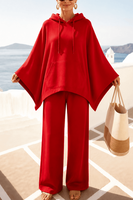 Hooded Cape and Wide-Leg Trouser Loungewear Set for Women