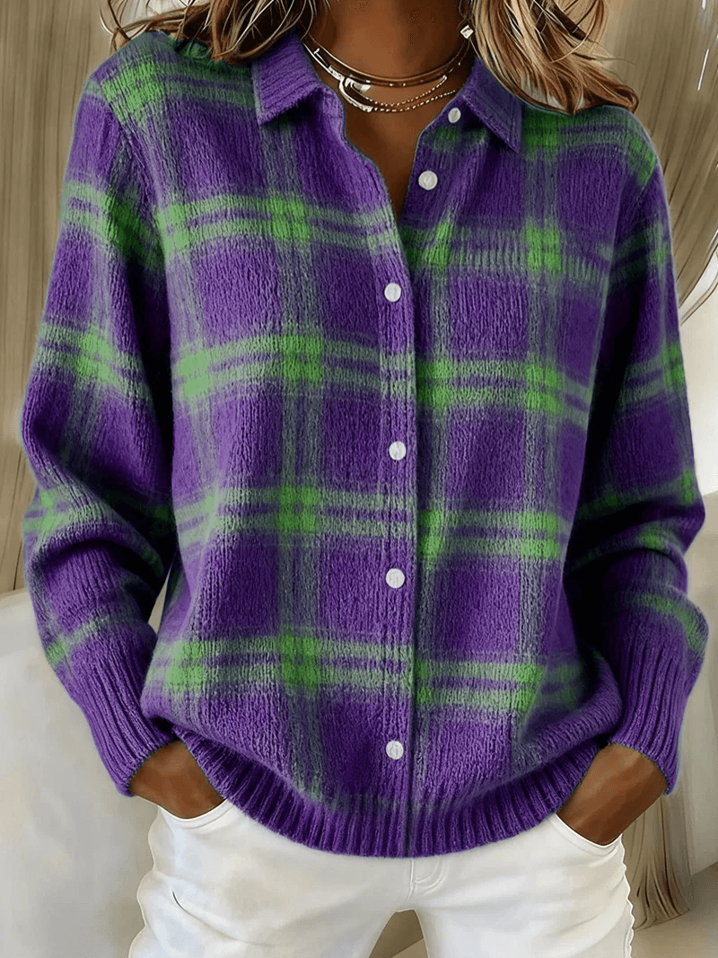 Esmeralda Plaid Cotton Flannel Button-Up Long Sleeve Blouse for Women