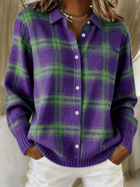 Esmeralda Plaid Cotton Flannel Button-Up Long Sleeve Blouse for Women