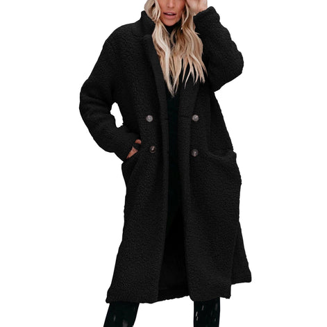 Women's Long Teddy Fleece Coat with Button Front Closure