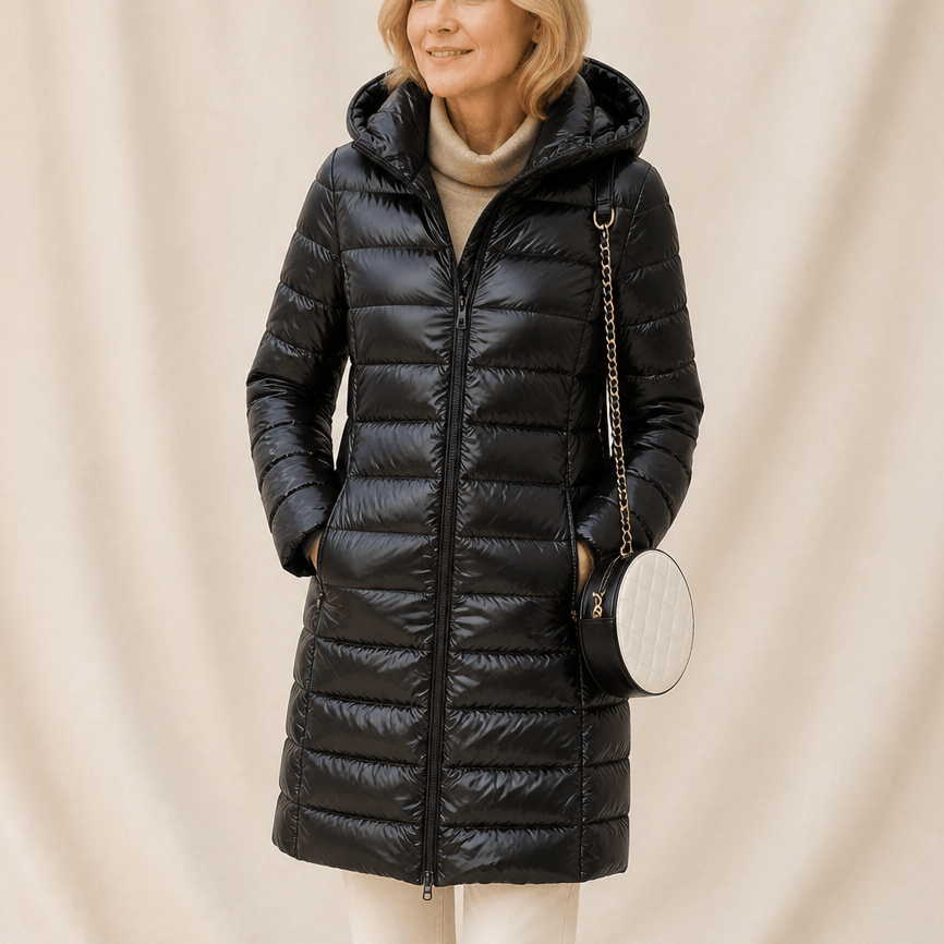 Women's Long Quilted Puffer Coat with Hood in Polyester