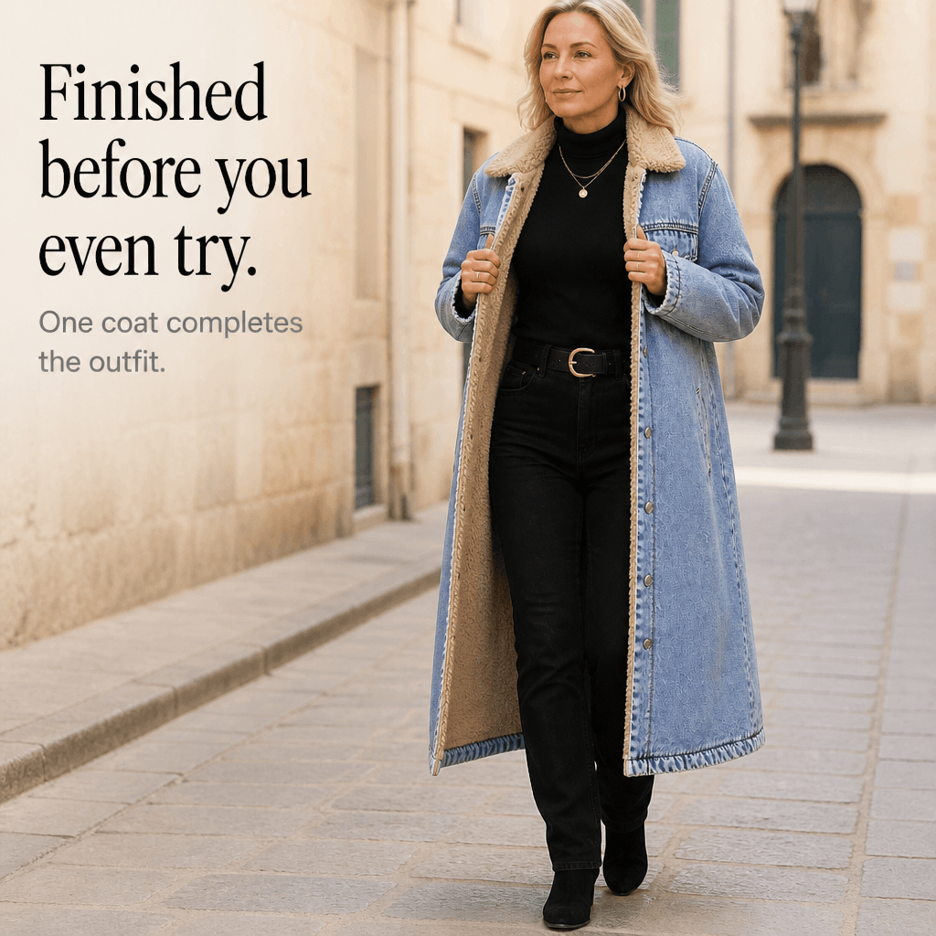 Denora Sherpa-Lined Full-Length Denim Coat with Lapel Collar