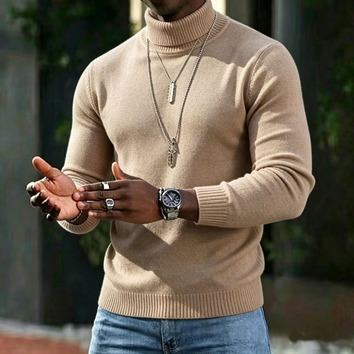 Men's Ribbed Turtleneck Knit Jumper with Long Sleeves