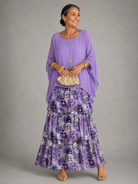 Tiered Chiffon Women's Maxi Dress with Flutter Sleeves and Layered Hem