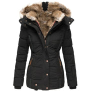 Faux Fur Hooded Puffer Winter Jacket with Detachable Trim for Women