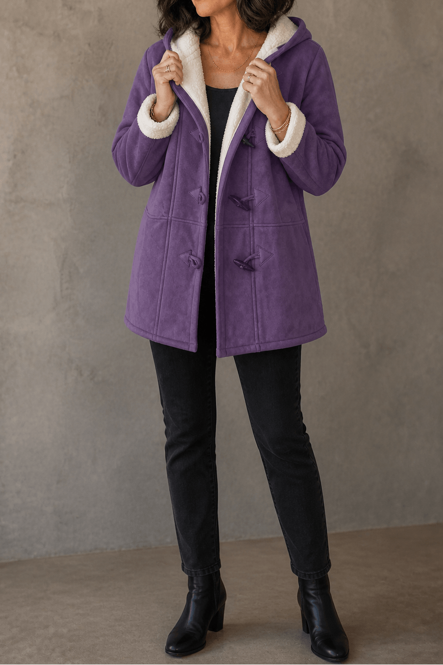 Women's Hooded Faux Suede Toggle Coat with Plush Sherpa Lining