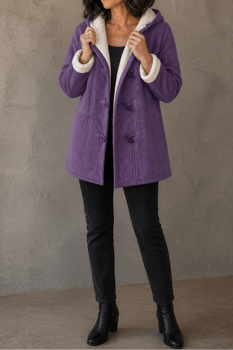 Women's Hooded Faux Suede Toggle Coat with Plush Sherpa Lining
