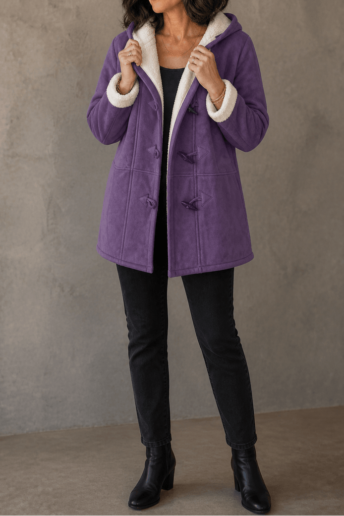 Women's Hooded Faux Suede Toggle Coat with Plush Sherpa Lining