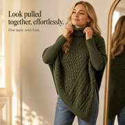 Women's Cable-Knit Turtleneck Poncho Jumper with Ribbed Trim