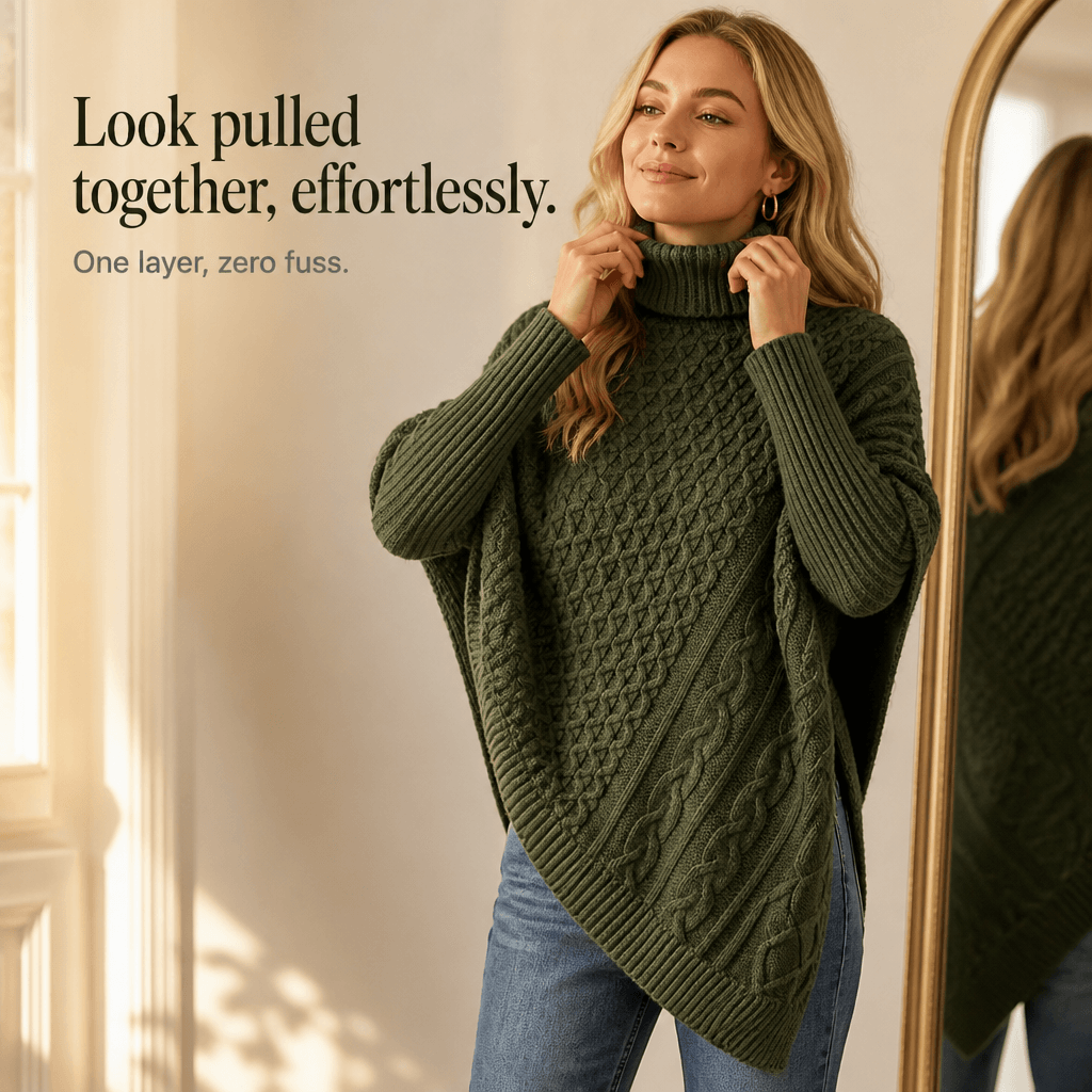 Women's Cable-Knit Turtleneck Poncho Jumper with Ribbed Trim