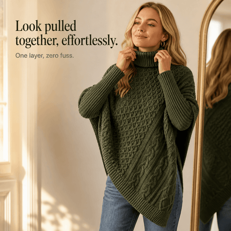 Women's Cable-Knit Turtleneck Poncho Jumper with Ribbed Trim