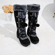 Faux Suede Knee-High Winter Boots for Women with Faux Fur Trim and Lace-Up Detail