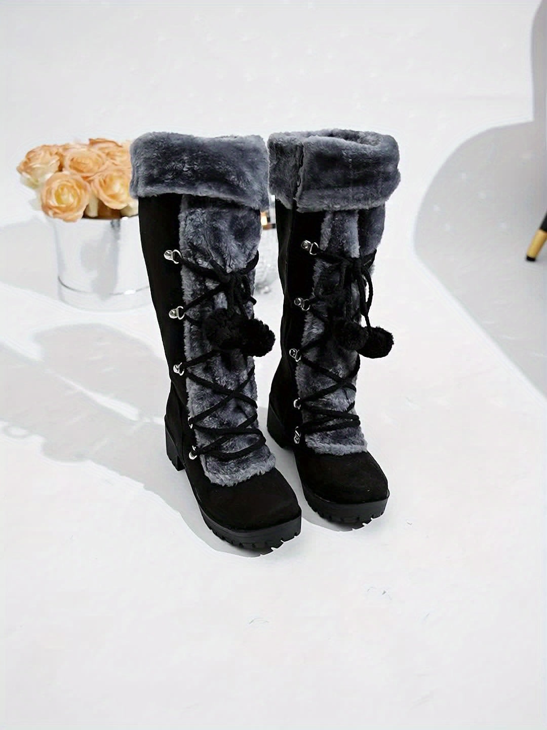 Faux Suede Knee-High Winter Boots for Women with Faux Fur Trim and Lace-Up Detail